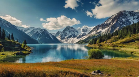Panoramic view of the mountain lake in the Altai mountainsの写真素材