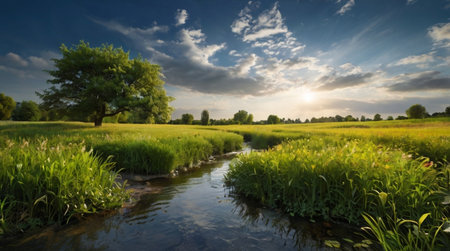 Panoramic view of a small river in the middle of the fieldsの写真素材