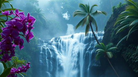 Beautiful waterfall in the tropical forest with purple orchids.の写真素材