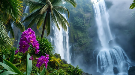Tropical waterfall with purple orchids and palm trees.の写真素材