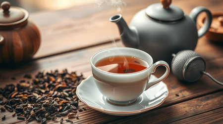 Cup of tea with teapot and teacup on wooden tableの写真素材