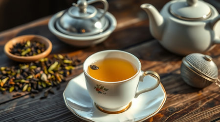 tea cup and teapot on wooden table, closeupの写真素材