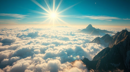 Mountain landscape. Sunrise over the clouds. Panoramic viewの写真素材