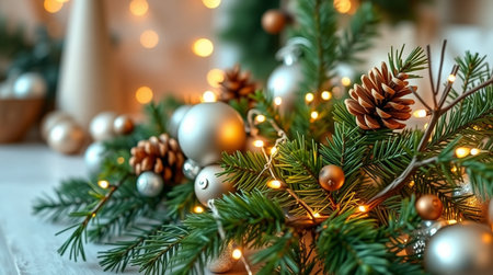 Christmas and New Year background with fir branches, cones, lights and decorations.の写真素材