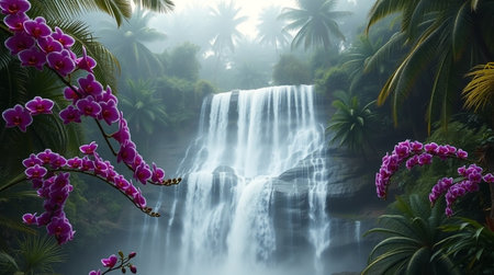 Tropical waterfall with orchids in the rainforest.