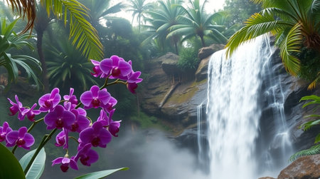 Beautiful waterfall and orchid flowers in tropical forest. Nature backgroundの写真素材