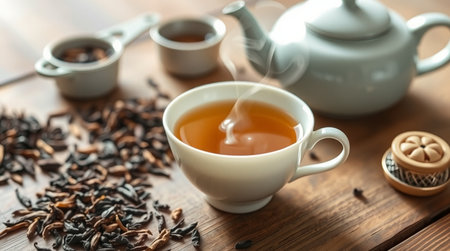 Cup of tea and teapot on wooden table, closeupの写真素材