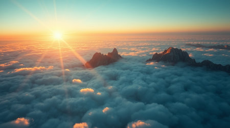 Aerial view of clouds and mountains at sunset. 3d renderingの写真素材