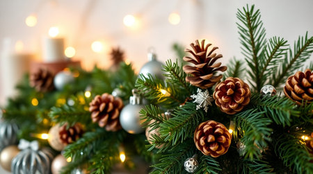 Christmas and New Year background with green fir branches, cones, candles and lights.