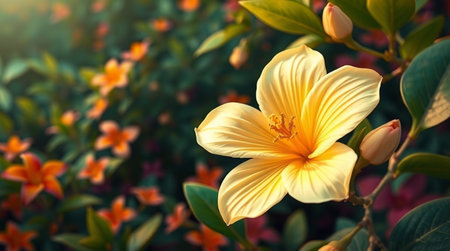 Beautiful yellow flower in the garden with sunlight. Nature background.の写真素材