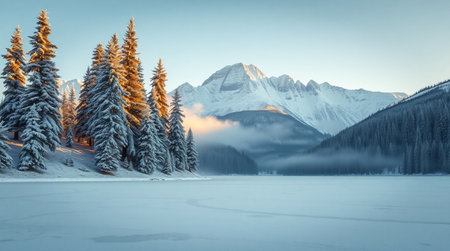 Foggy winter landscape with frozen lake and snow covered mountains.の写真素材