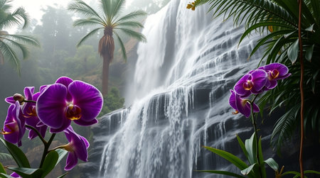 Beautiful waterfall in tropical forest with purple orchids and palm treesの写真素材