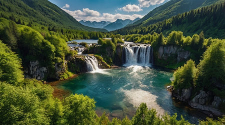 Aerial view of beautiful waterfall in the mountains. Summer landscape.の写真素材