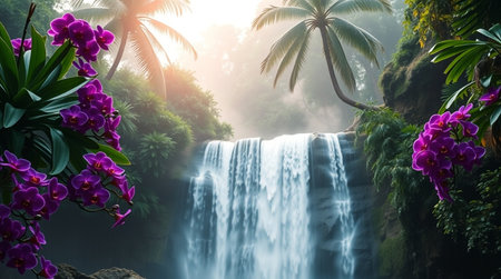 Beautiful waterfall in the jungle with orchid flowers, nature backgroundの写真素材