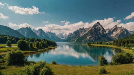panoramic view of alpine lake in Bavaria, Germanyの写真素材