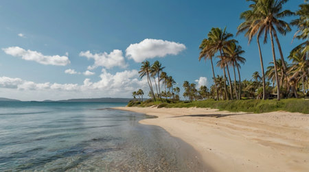Panoramic view of a tropical beach with palm trees and blue skyの写真素材