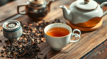 Cup of tea and teapot on wooden table, closeupの写真素材