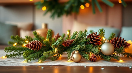 Christmas and New Year decoration with fir tree branches, pine cones, Christmas balls and garland on a wooden backgroundの写真素材