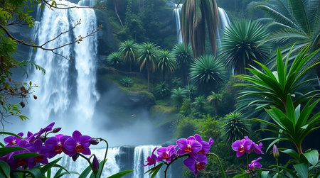 Waterfall in a tropical forest with orchids and tropical plantsの写真素材