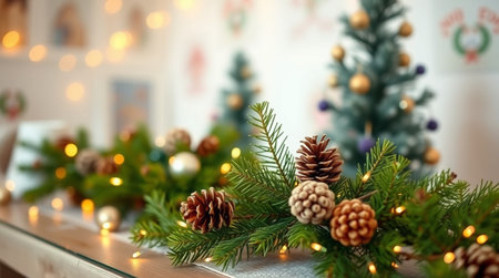 Christmas tree with pine cones and garland on the background of bokehの写真素材