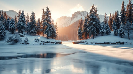 Fantastic winter landscape with frozen lake and snow covered fir treesの写真素材