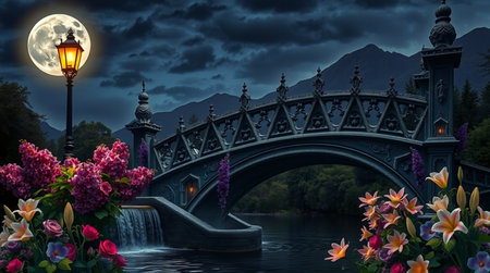 3D render of a bridge with flowers in the foreground at nightの写真素材