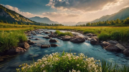 Panoramic view of the mountain river. Beautiful summer landscape.の写真素材