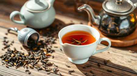 Cup of tea with teapot on wooden table, closeupの写真素材
