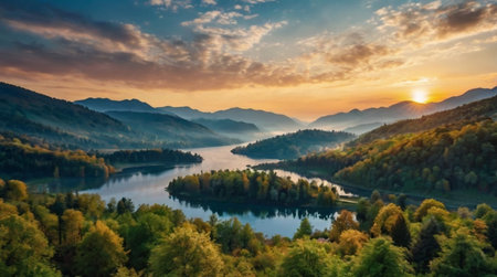 Panoramic view of beautiful mountain lake in autumn at sunset. Beauty of nature concept.の写真素材