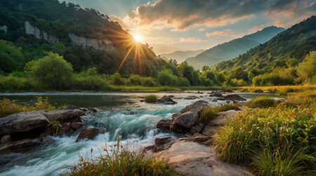 Mountain river in the summer at sunset. Panoramic landscapeの写真素材