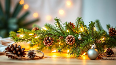 Christmas tree branches with pine cones and light bulbs on wooden background.の写真素材