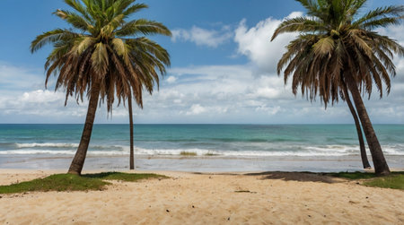 Palm trees on a tropical beach with blue sky and white cloudsの写真素材