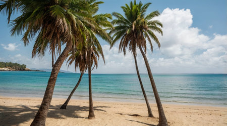 Coconut palm trees on the sandy beach. Tropical landscape.の写真素材