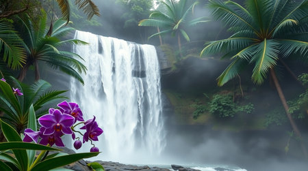 Tropical waterfall with palm trees and purple orchid flowers.の写真素材