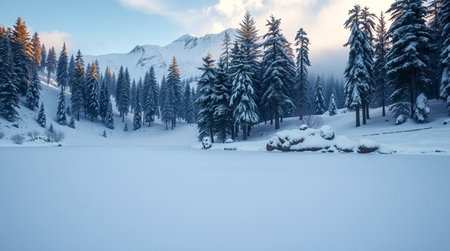 Beautiful winter landscape with snowy fir trees and mountains in the backgroundの写真素材