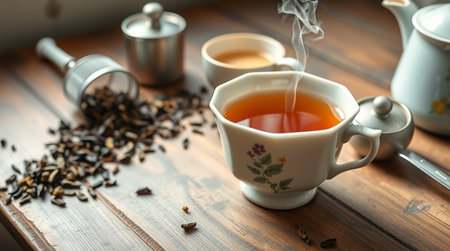 Cup of black tea on a wooden table with teapotの写真素材