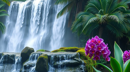 Beautiful waterfall in the tropical forest with purple orchid flower.の写真素材