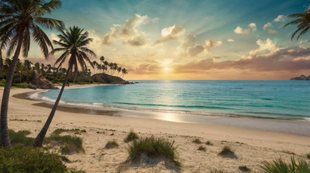 Beautiful tropical beach with coconut palm trees at sunset in Seychellesの写真素材