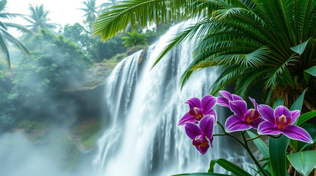 Beautiful purple orchid flowers and waterfall in the tropical jungle.の写真素材