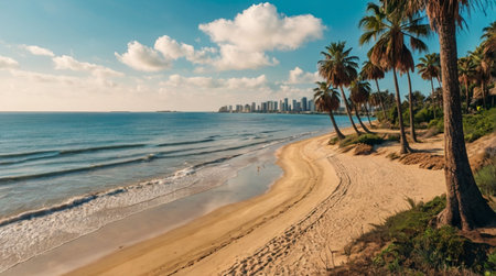 Panoramic view of the beach and palm trees.の写真素材