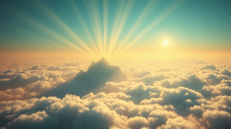 Aerial view above clouds with sunset. 3d render illustration.の写真素材