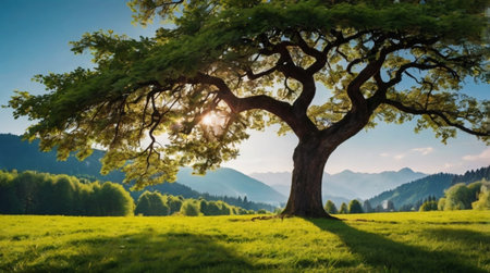 Big old tree in the meadow. Summer landscape. Beauty world.の写真素材