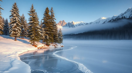 Beautiful winter landscape with frozen lake and snow-capped mountainsの写真素材