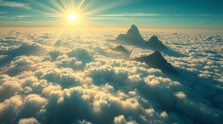 Beautiful aerial view above clouds at sunset. 3d render illustrationの写真素材