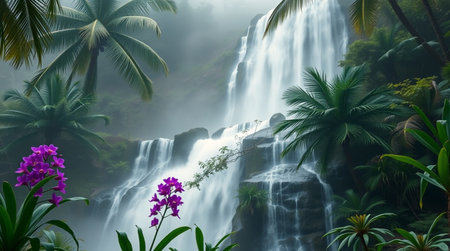 Beautiful waterfall in tropical jungle with orchid and palm trees.の写真素材