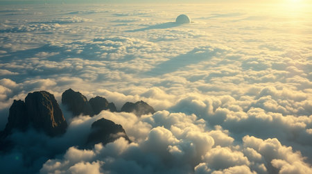 Aerial view of clouds and mountain peaks in the blue sky at sunrise