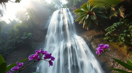 Beautiful waterfall in the tropical garden. Waterfall in the tropics.の写真素材