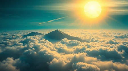 Aerial view of sunset above clouds. 3d rendering illustration.の写真素材