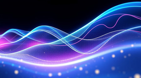3d render, abstract background with blue and pink wavy lines