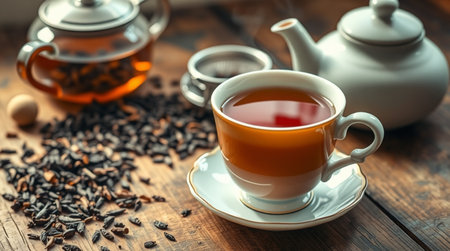 Cup of tea and teapot on wooden table, closeupの写真素材